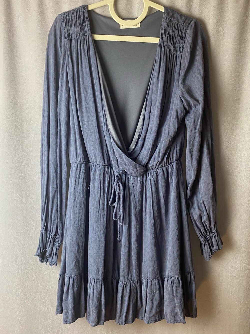 Peach Love California Dusty Blue Boho Long Sleeve Tie Waist Dress L